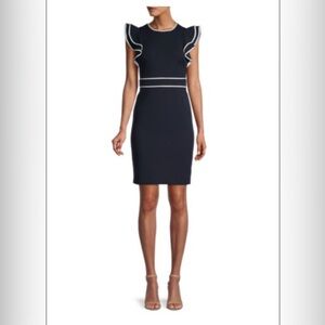 Blue and Cream Flutter Sleeve Sheath Mini Dress